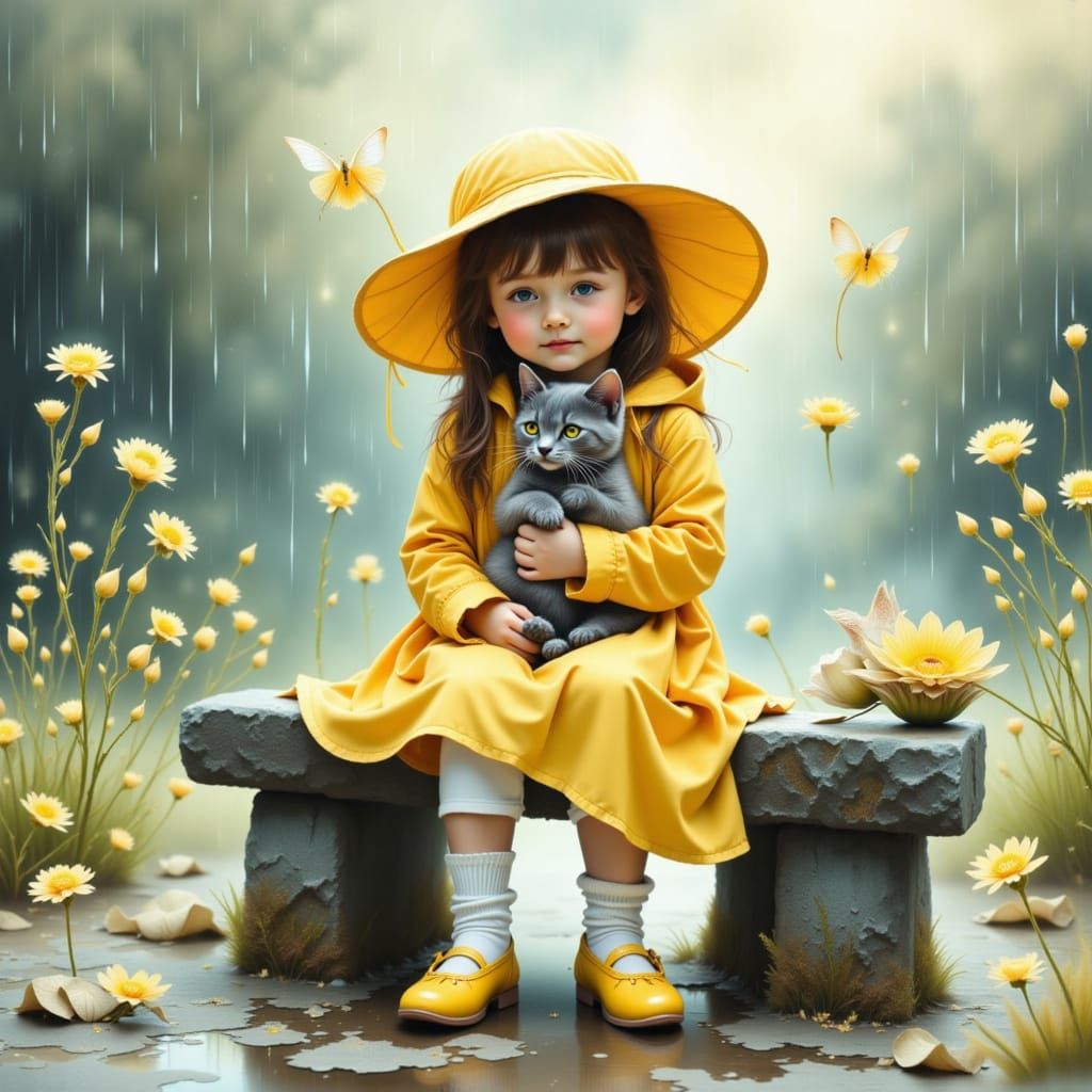 Girl and Kitten in Glitter Rain, Watercolor Illustration