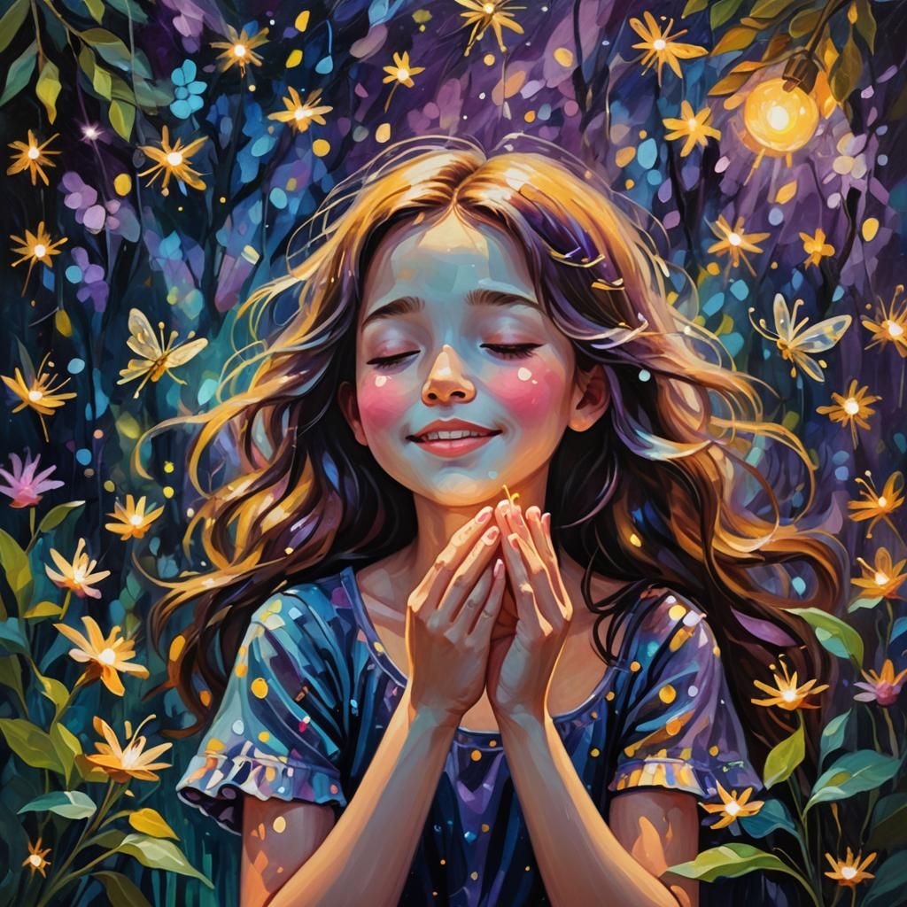 Dreamy Girl Wishes in Fauvist Garden Oil Painting