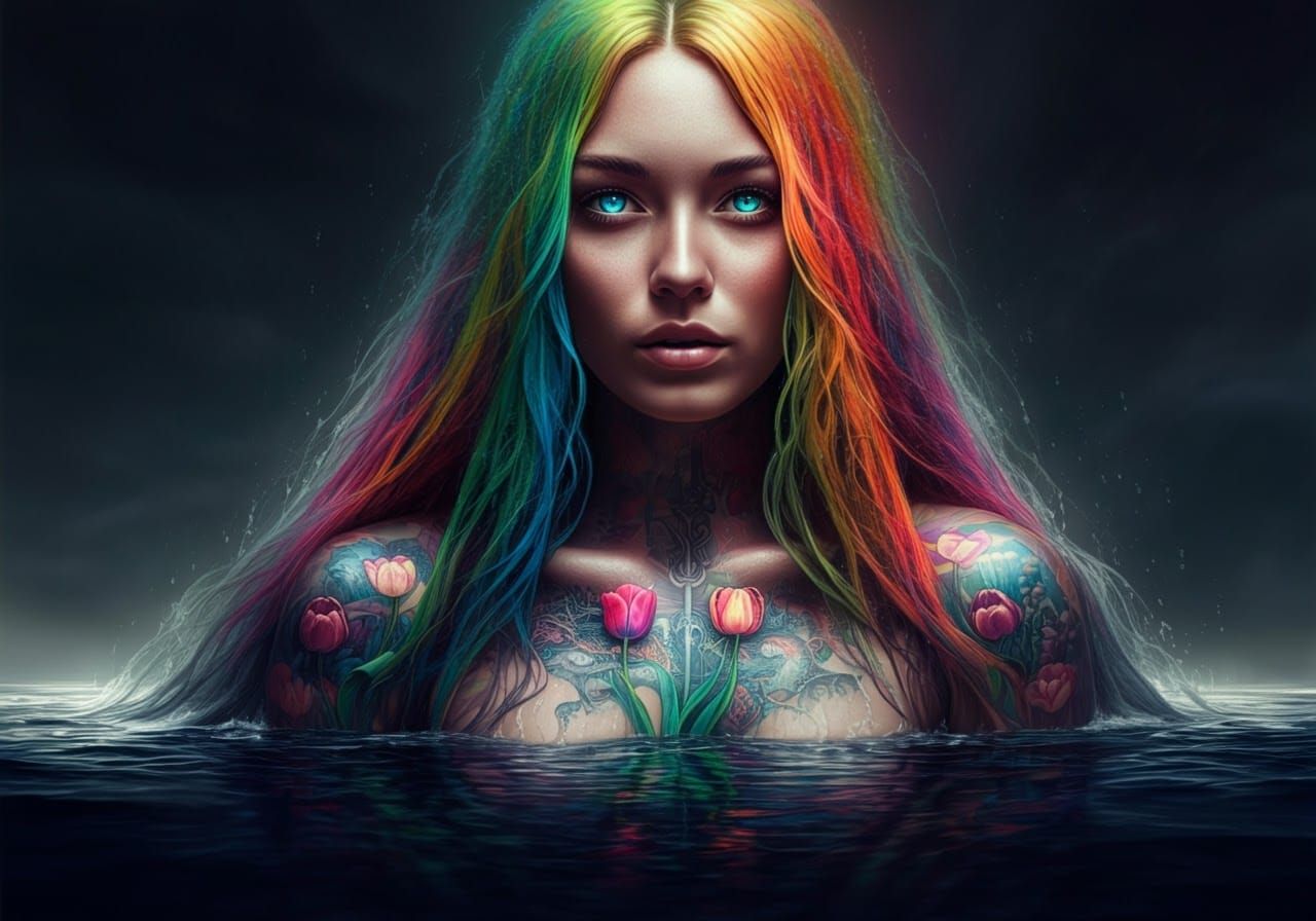Ethereal Woman with Rainbow Tattoos in Apocalyptic Setting
