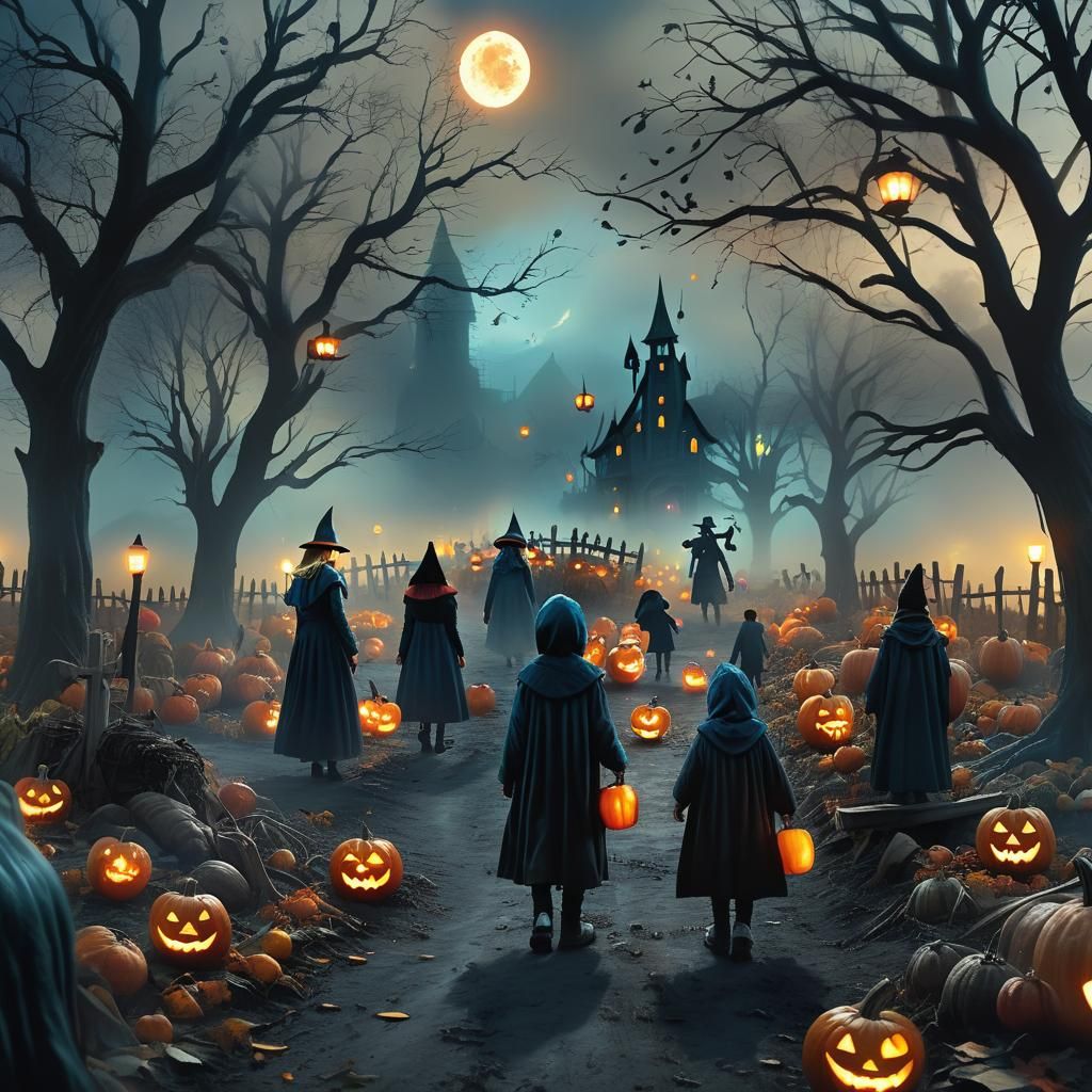 Eerie Pumpkin Patch at Dusk: Digital Matte Painting