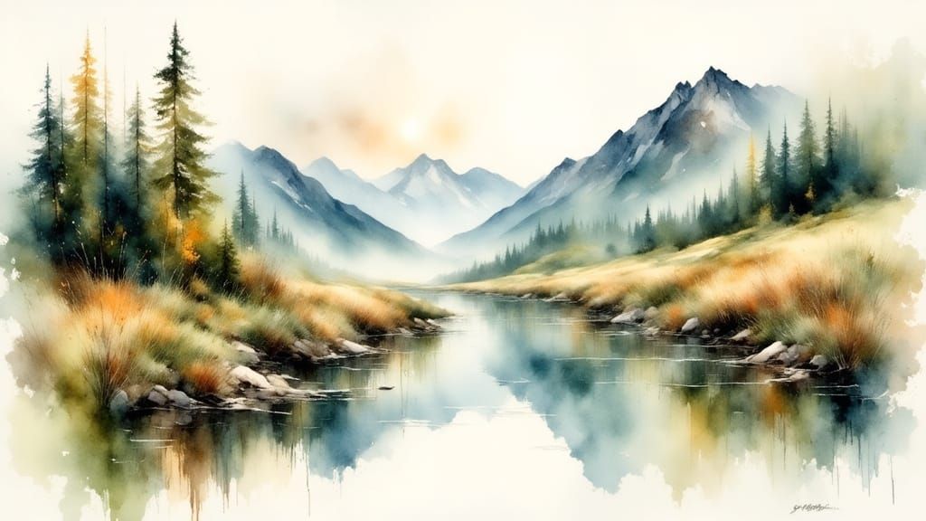 Creek Between Mountains: Watercolor Dreamscape