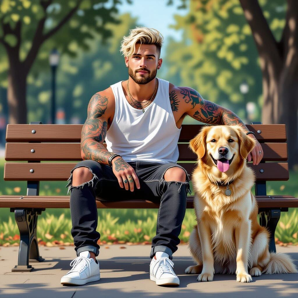 Athletic Man with Golden Retriever in Park