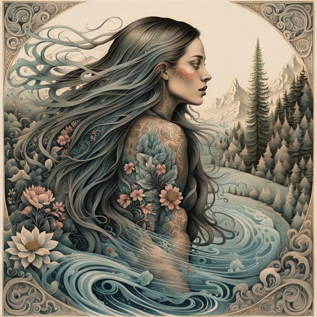 Model with Floral Tattoo in Motion, Etching Style