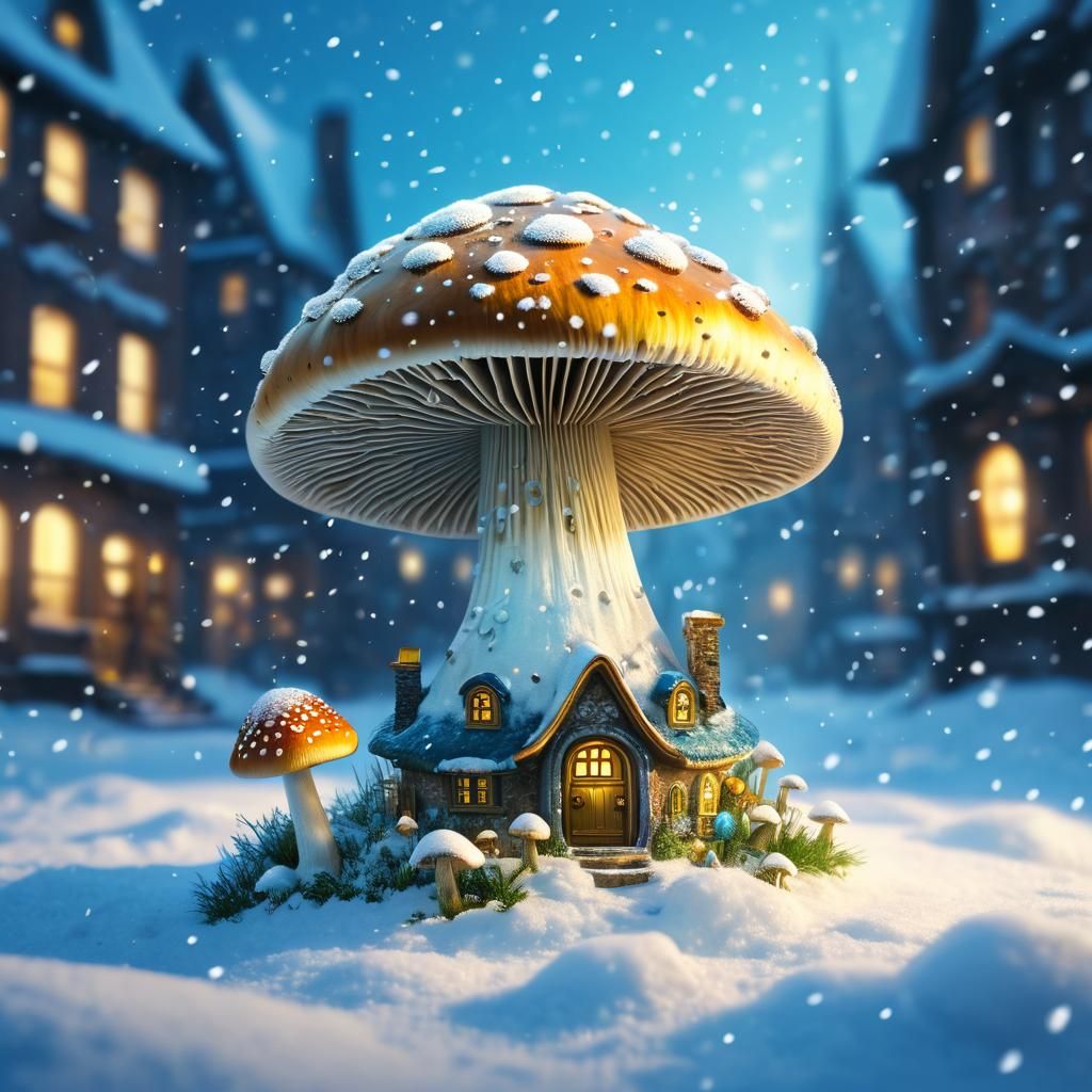 Magical Mushroom City in Snow: Fantasy Art