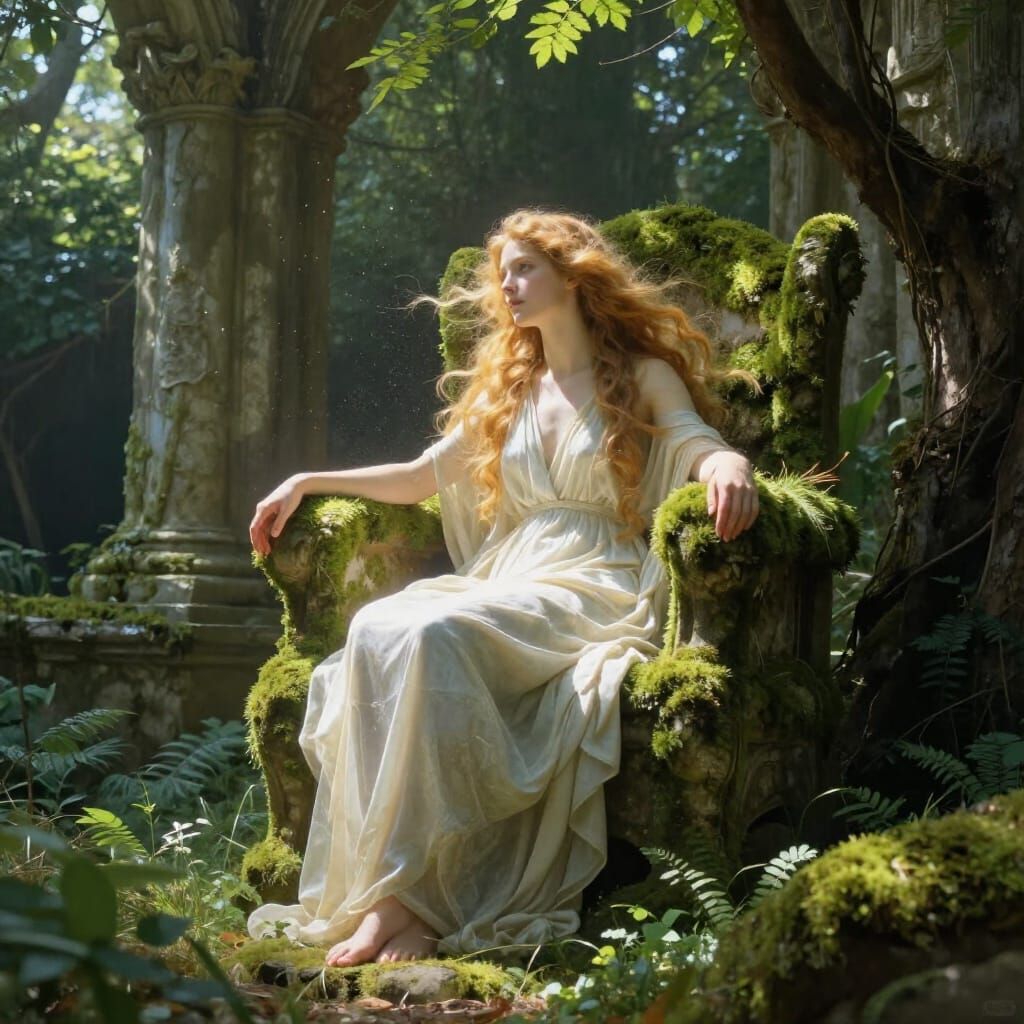 Ethereal Goddess on Throne in Ancient Ruin Painting