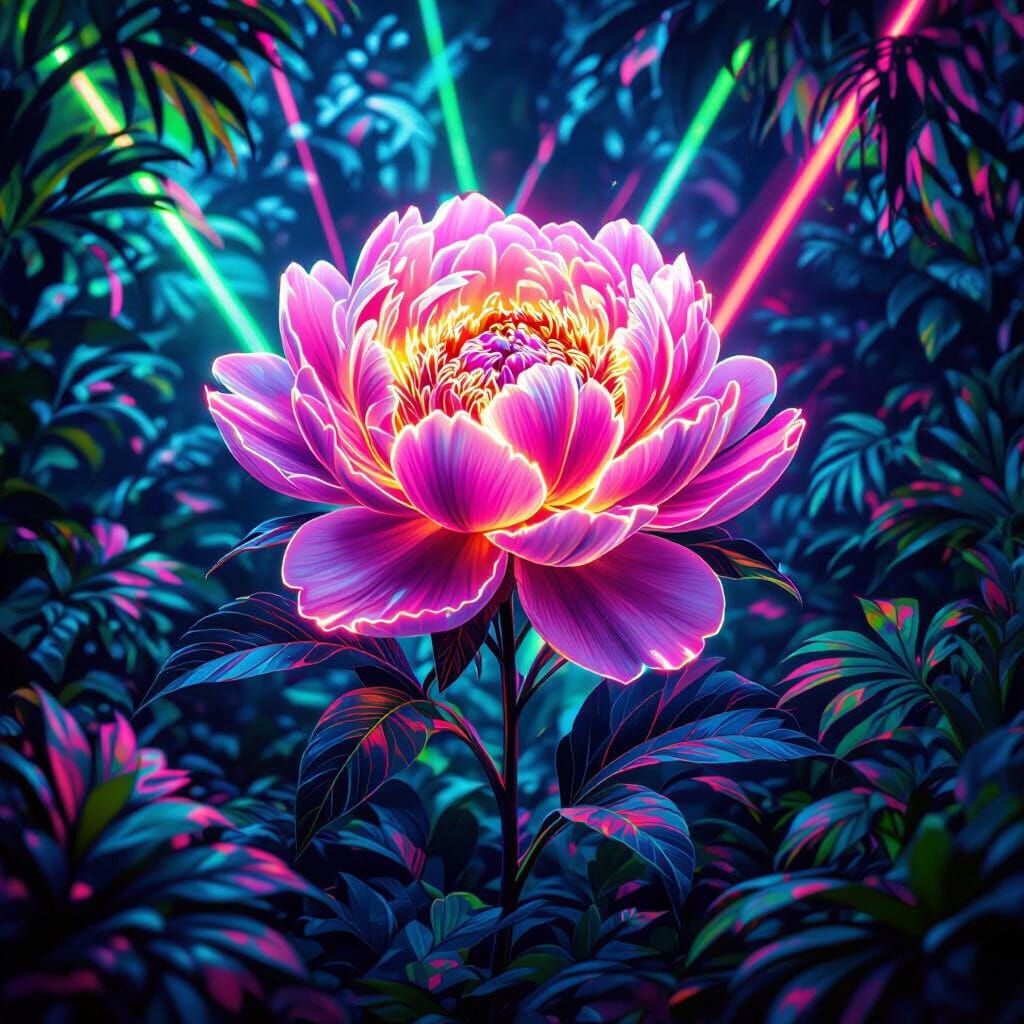 Neon Psychedelic Peony at a Jungle Rave with Fractal Art