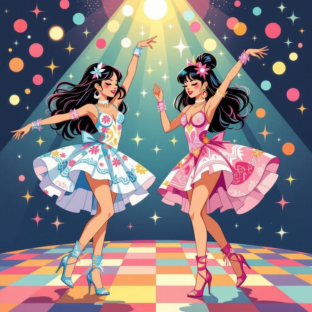 Vibrant Disco Dancers in Whimsical Pop Art Style