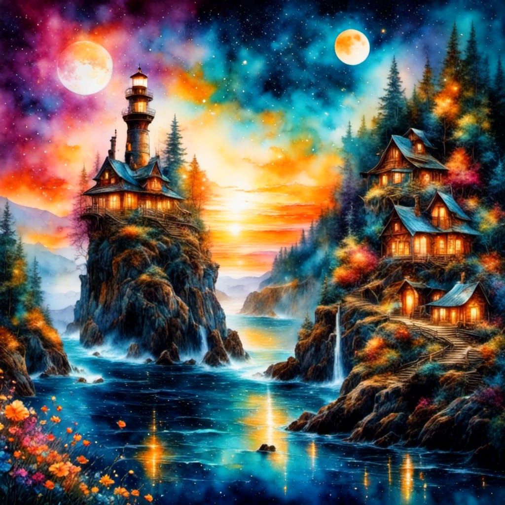 Whimsical Watercolor Beach Cottage on Stormy Day