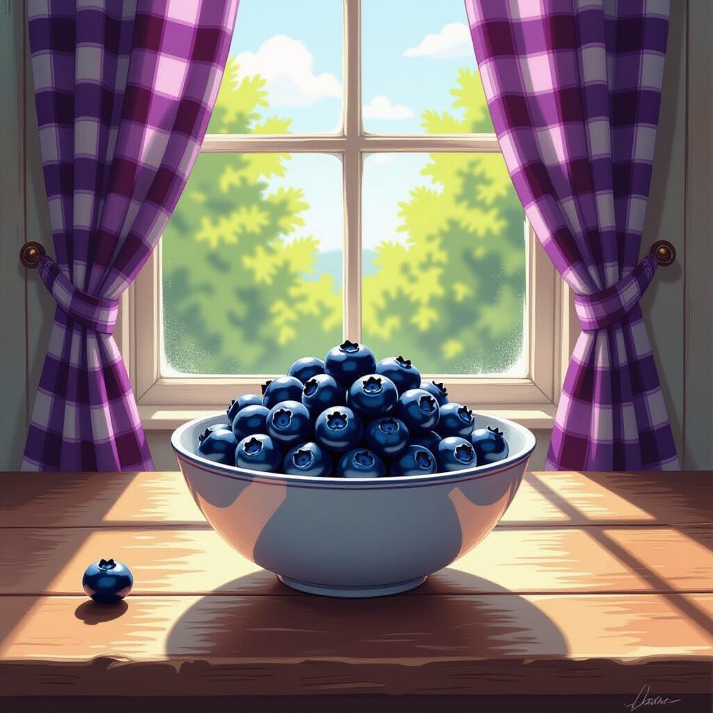 Blueberries on Table in Hyperrealistic Comic Style