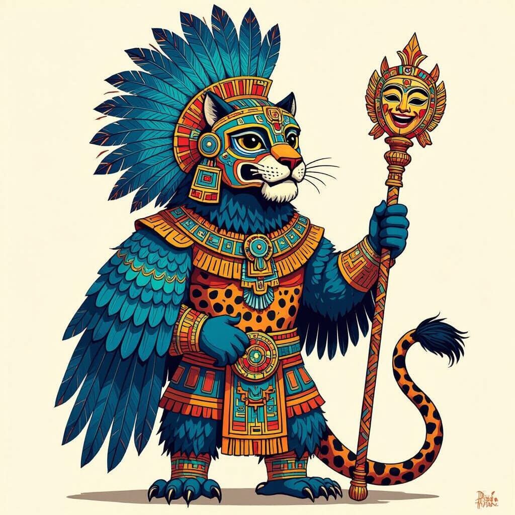 Aztec Lion-Bird Creature in Vibrant Mural Style