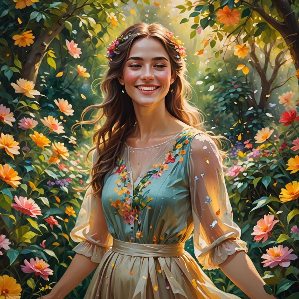 Serene Woman Smiling in Lush Garden as Oil Painting