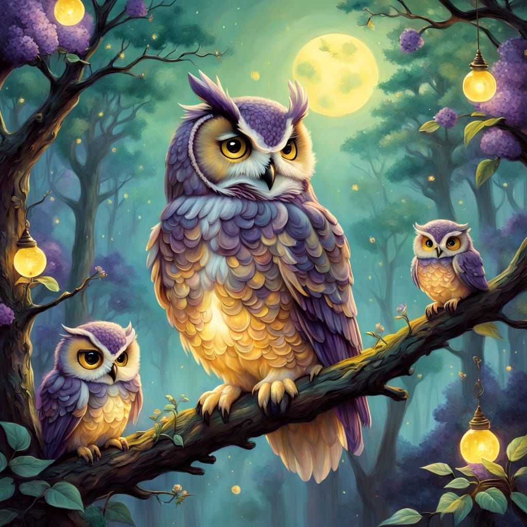 Romantic Owl Family Scene in Whimsical Art