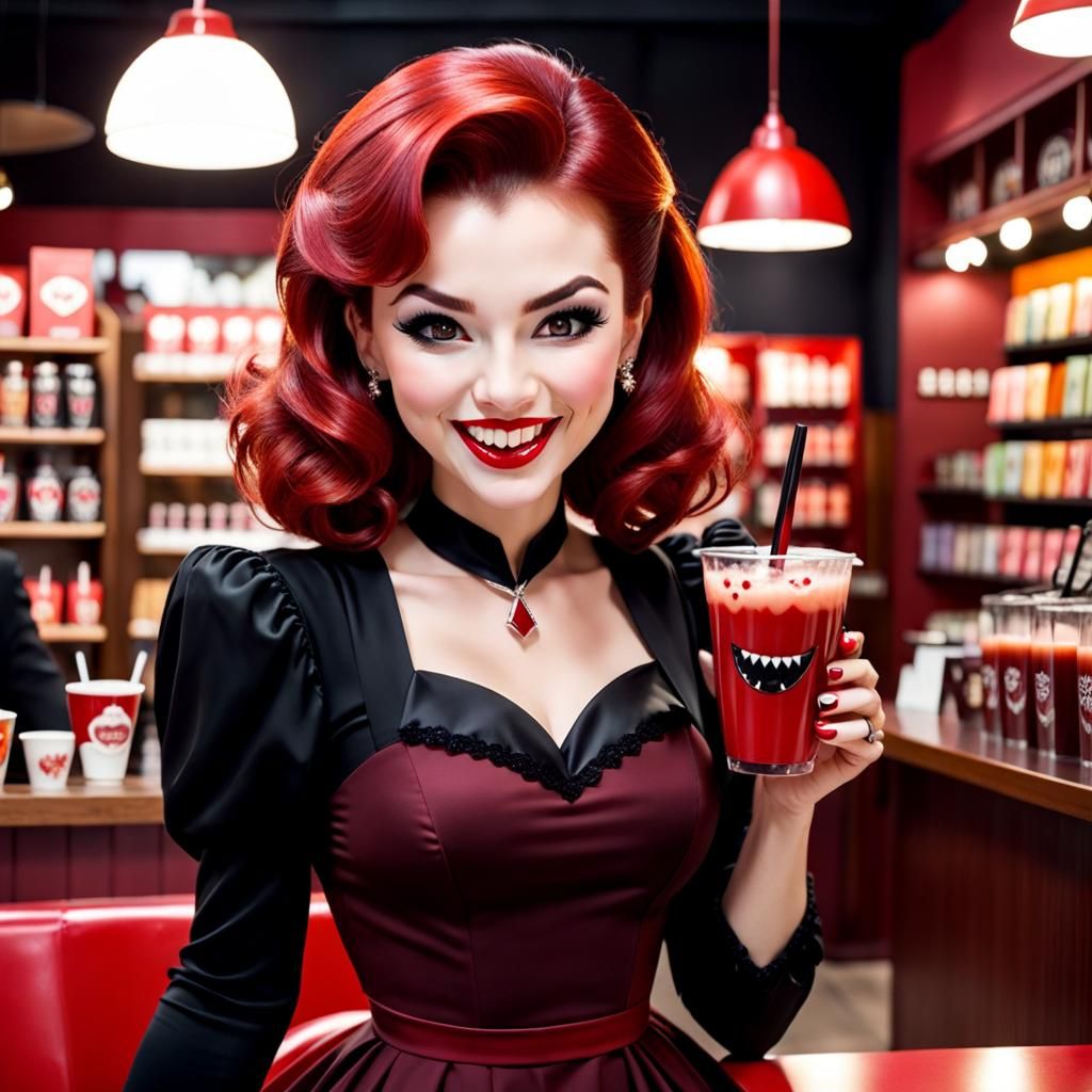 Cute Vampire with Boba Tea in Retro Style