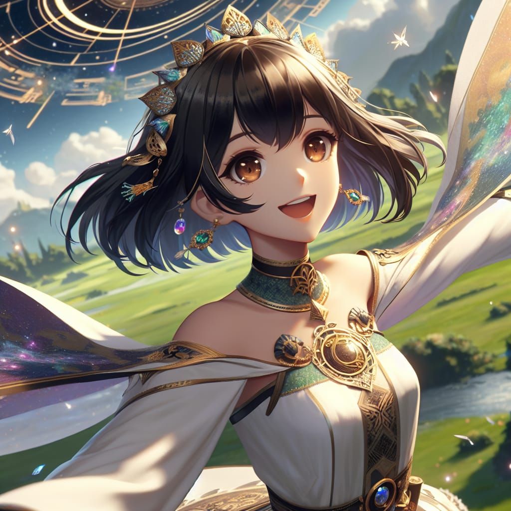 Anime Woman Floating with Magic in Grassy Field