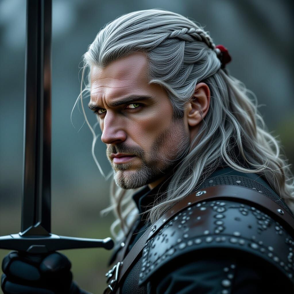 Geralt of Rivia with Sword, Hyperrealistic Style