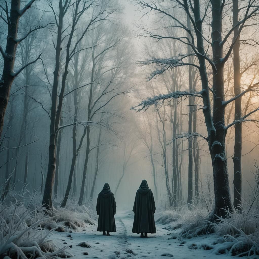 Mystical Figure in Frozen Forest, Cinematic Still