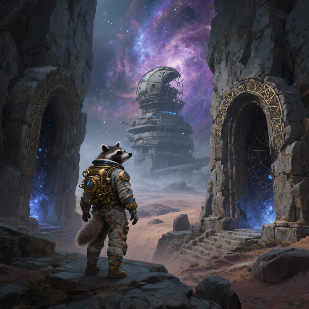 Raccoon Astronaut in Steampunk Ruins on Alien Planet
