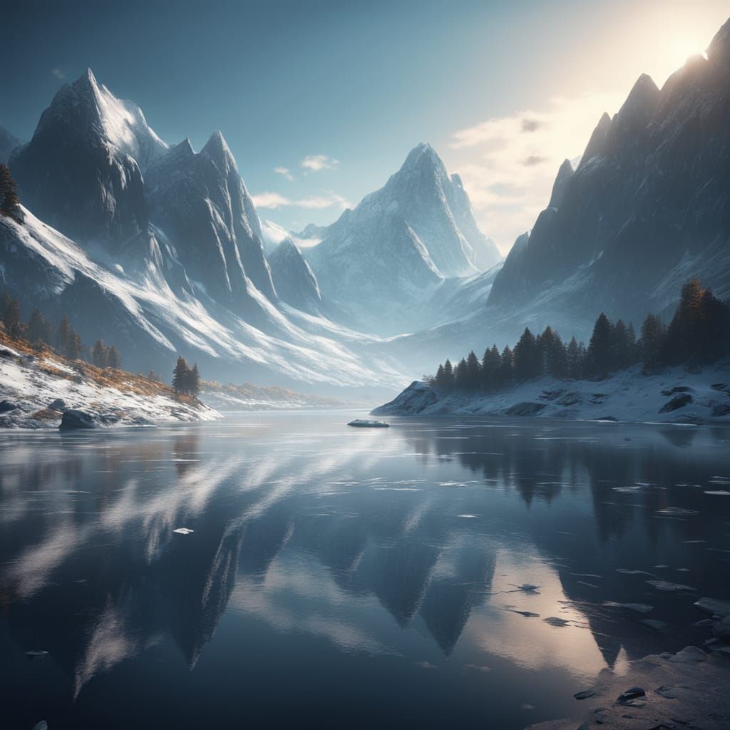 Epic 3D Game Landscape with Majestic Snow-Capped Mountains
