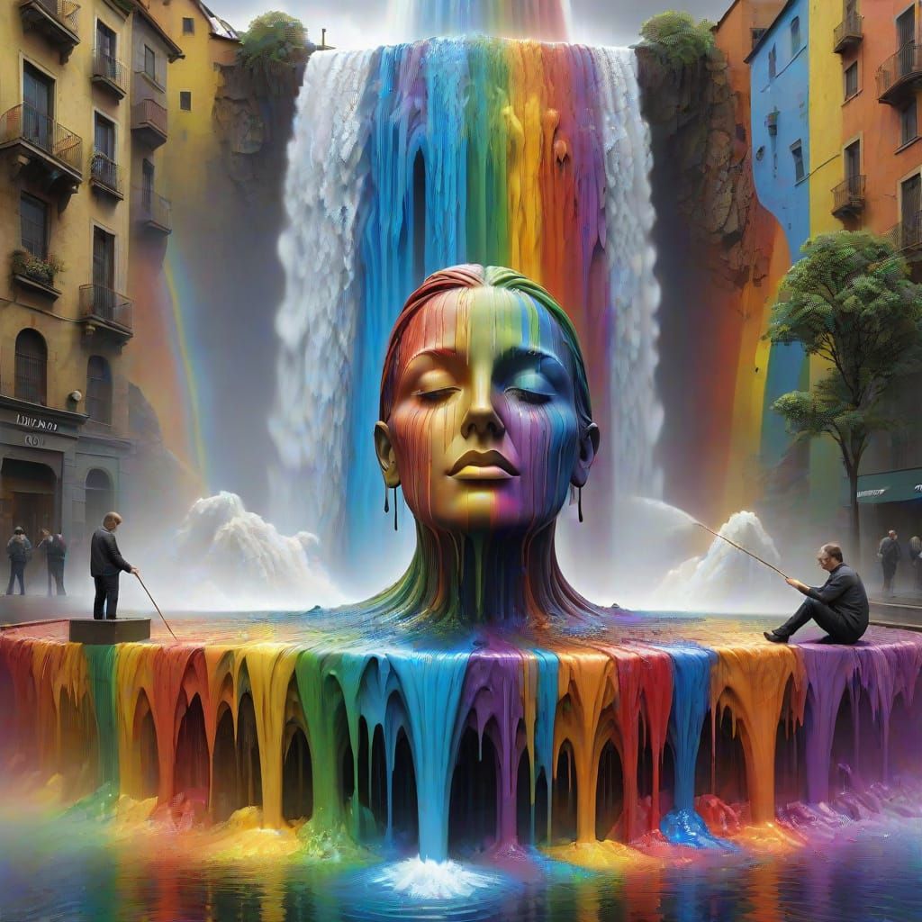 Fantasy Painting of Dripping Rainbow Waterfall with DMT Enti...