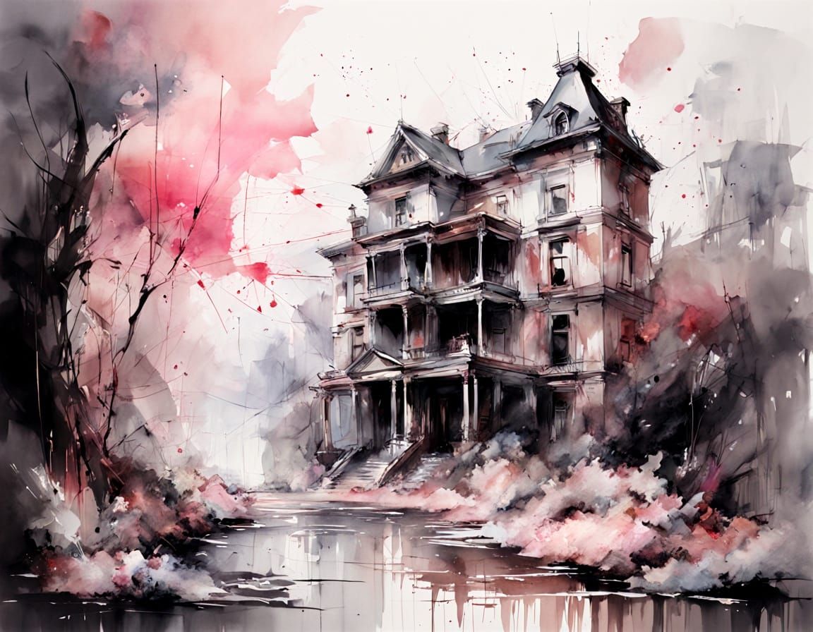 Abandoned Mansion Frozen in Time: Watercolour Style