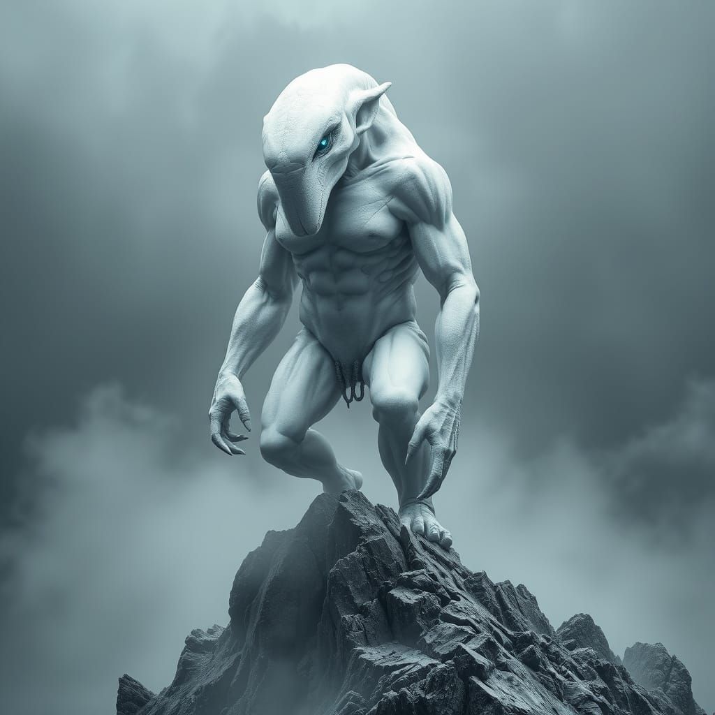 Monochromatic Cyclops Stands Proud on Foggy Mountain Peak