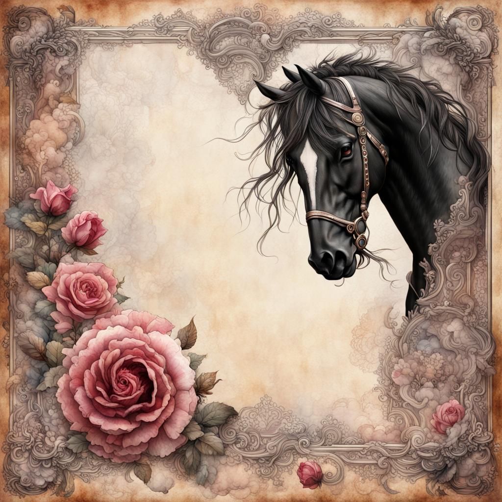 Mythical Steampunk Horses on Lined Paper with Lace