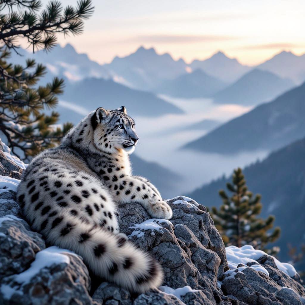 Snow Leopard Gaze: Dawn Over Misty Mountains