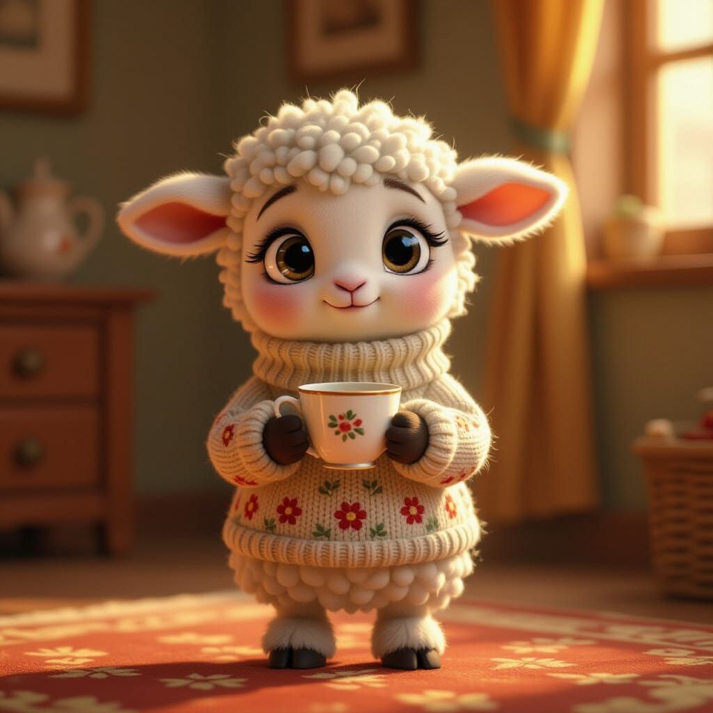 Anxious Lamb with Tea: Pixar-Style Digital Art