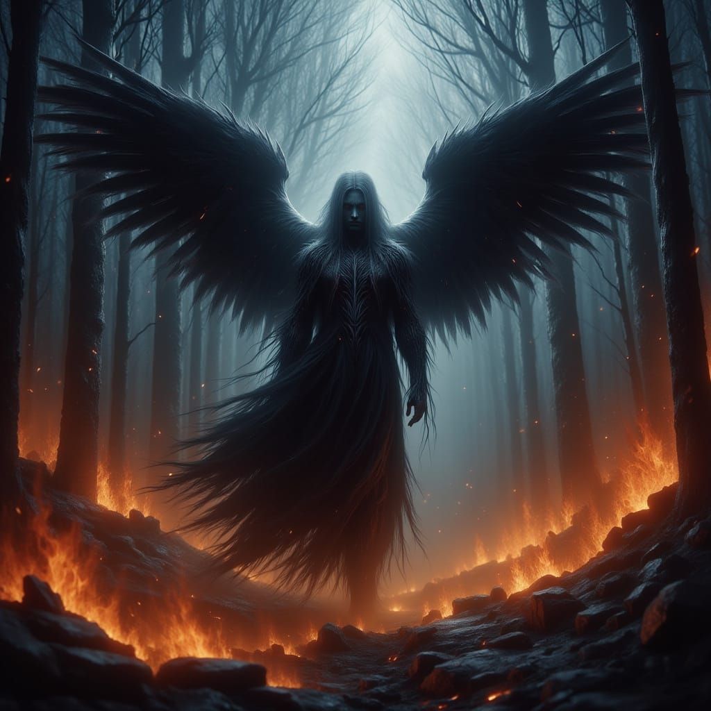 Black Angel Soaring Through Burning Forest