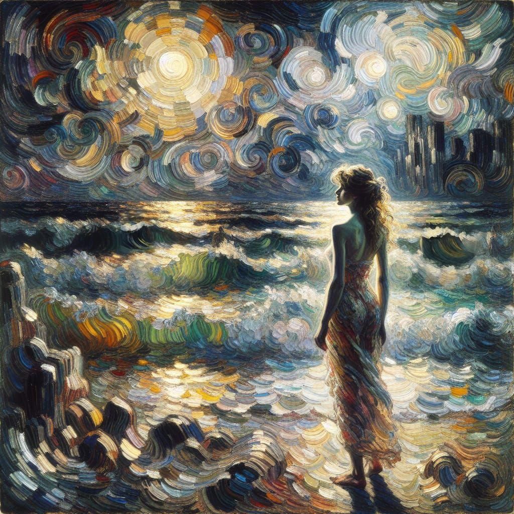 Chiaroscuro Painting of Woman by Moonlit Sea