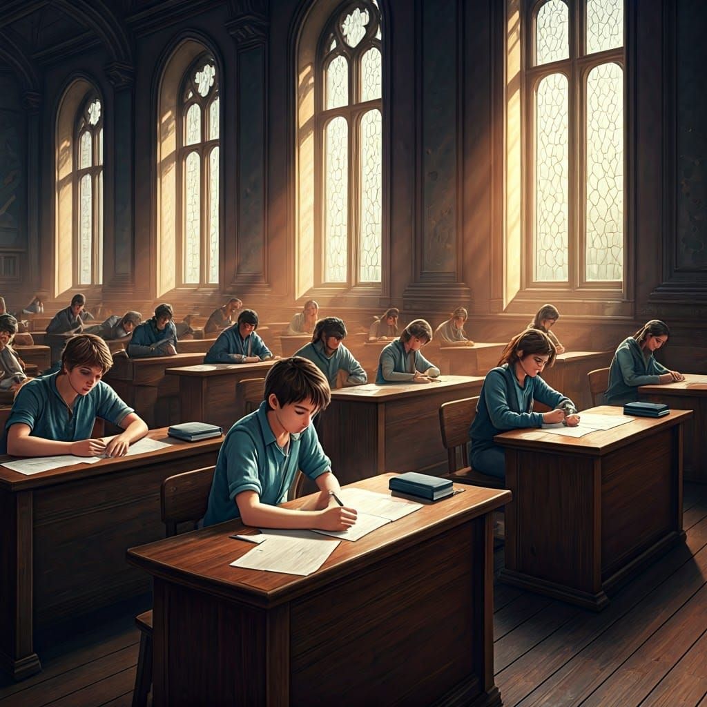 College Students in Exam Hall: Detailed Concept Art