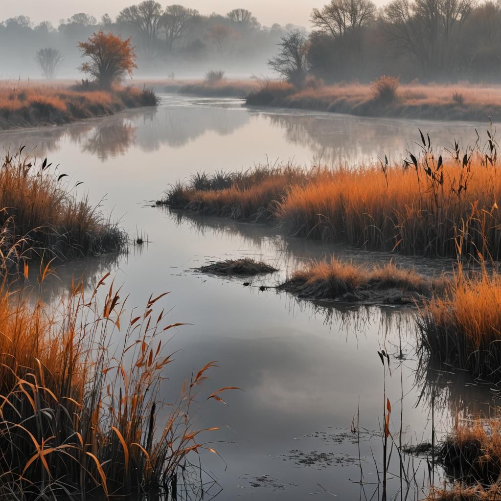 Misty River: Orange and Black Landscape