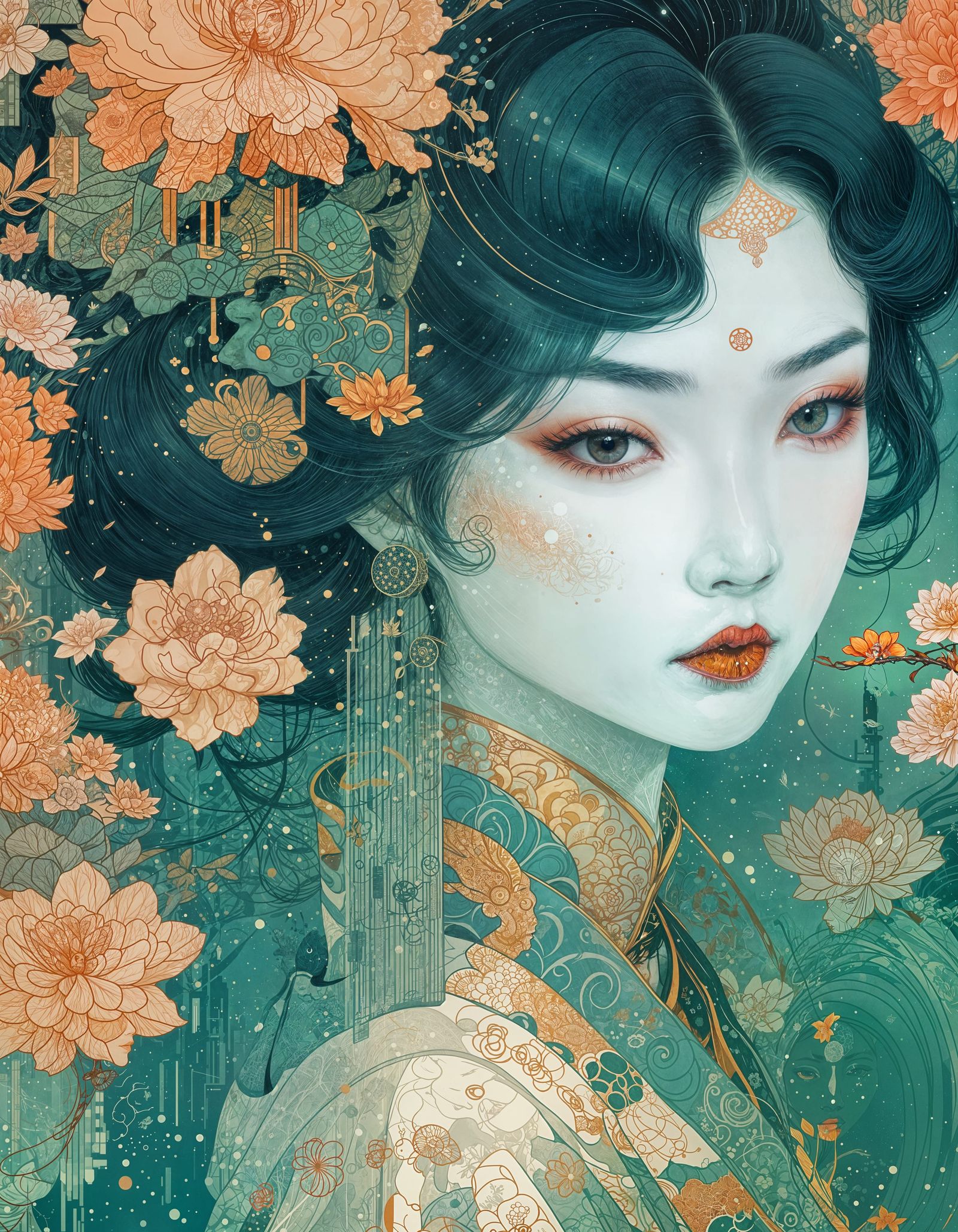 Futuristic Geisha in Sci-Fi City, Detailed Illustration