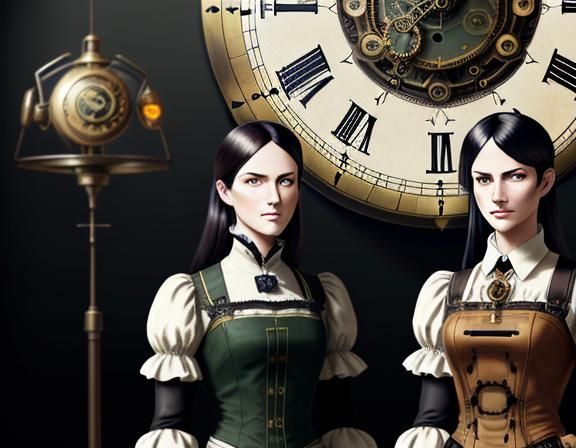 Steampunk Twins in Time Machine: Dark Fantasy Art