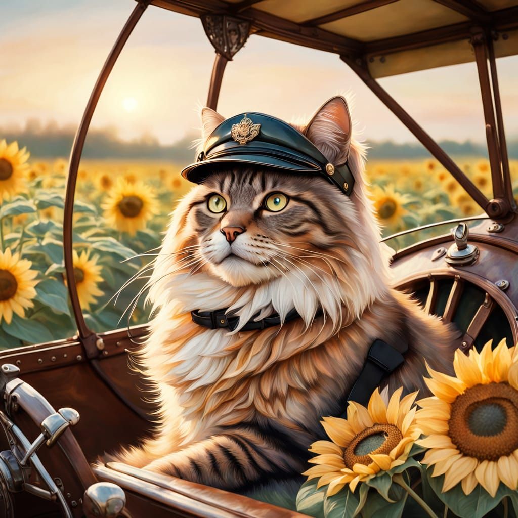Fluffy Cat Pilot Soaring Over Sunflowers: Impressionistic Wa...