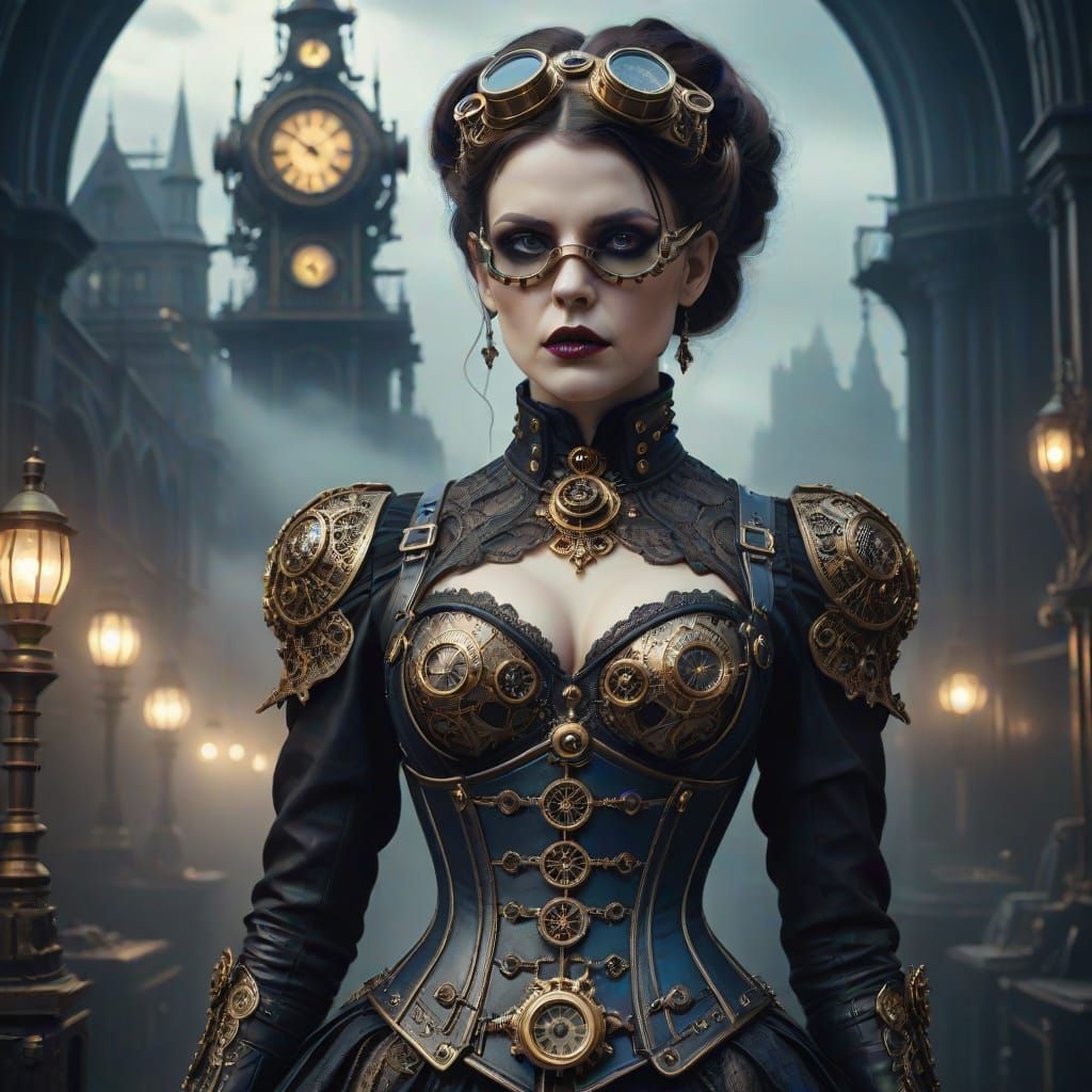 Ethereal Gothic Vampire Queen in Steampunk Attire