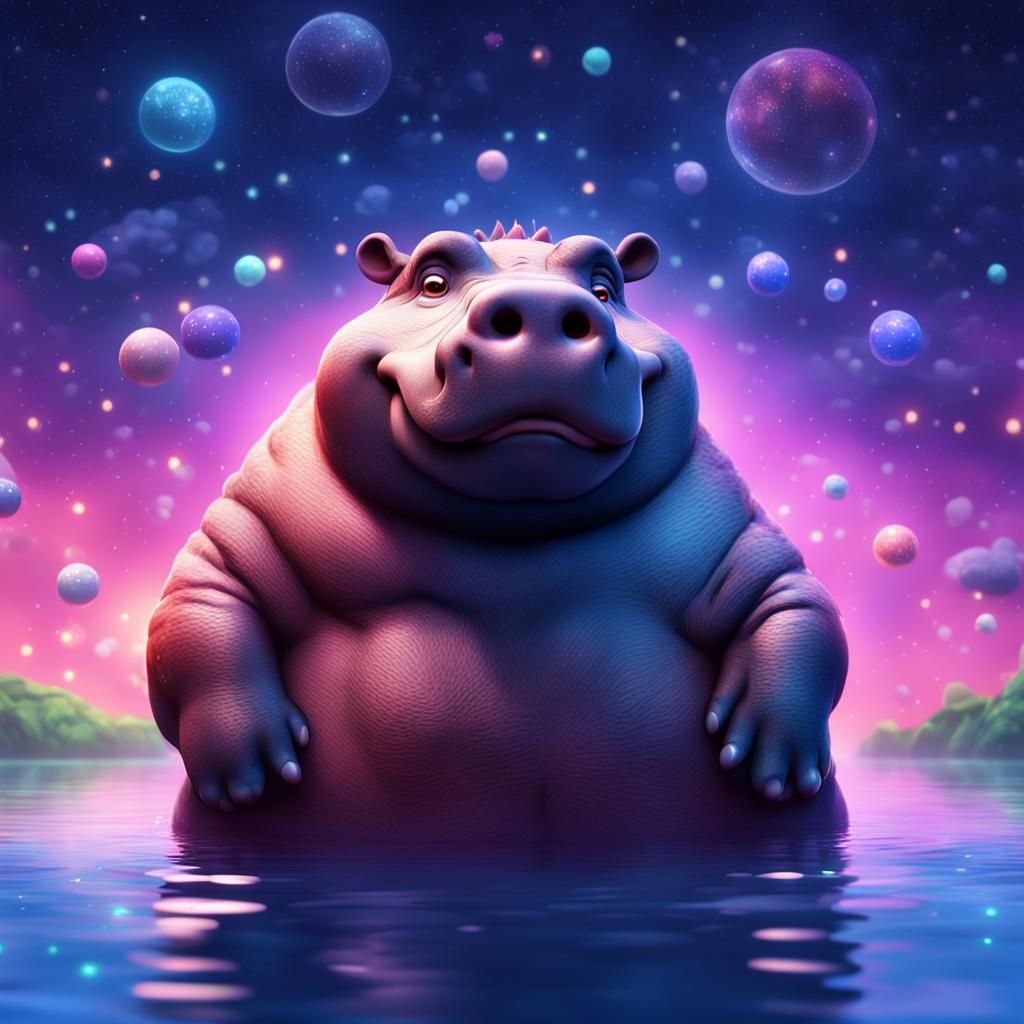 Chubby Hippo Gazing at Starry Sky: 3D Digital Art