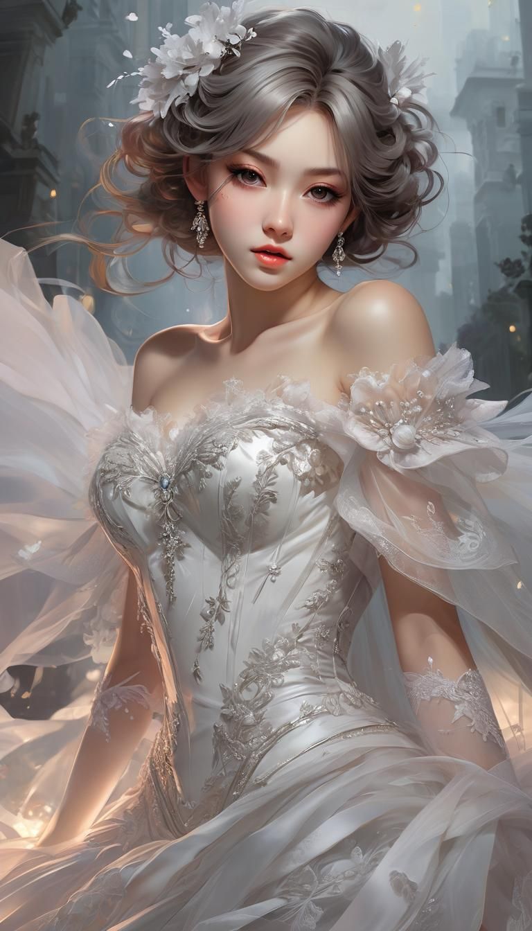 Fantasy Bride in Tulle Dress: Anime Style Illustration