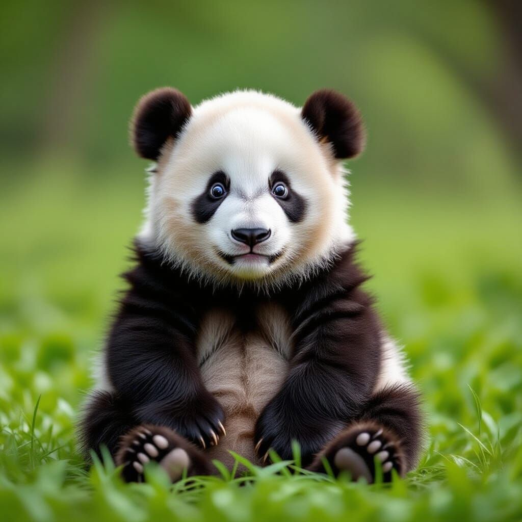 Close-up Photo of Baby Panda Sitting in Lush Green Field