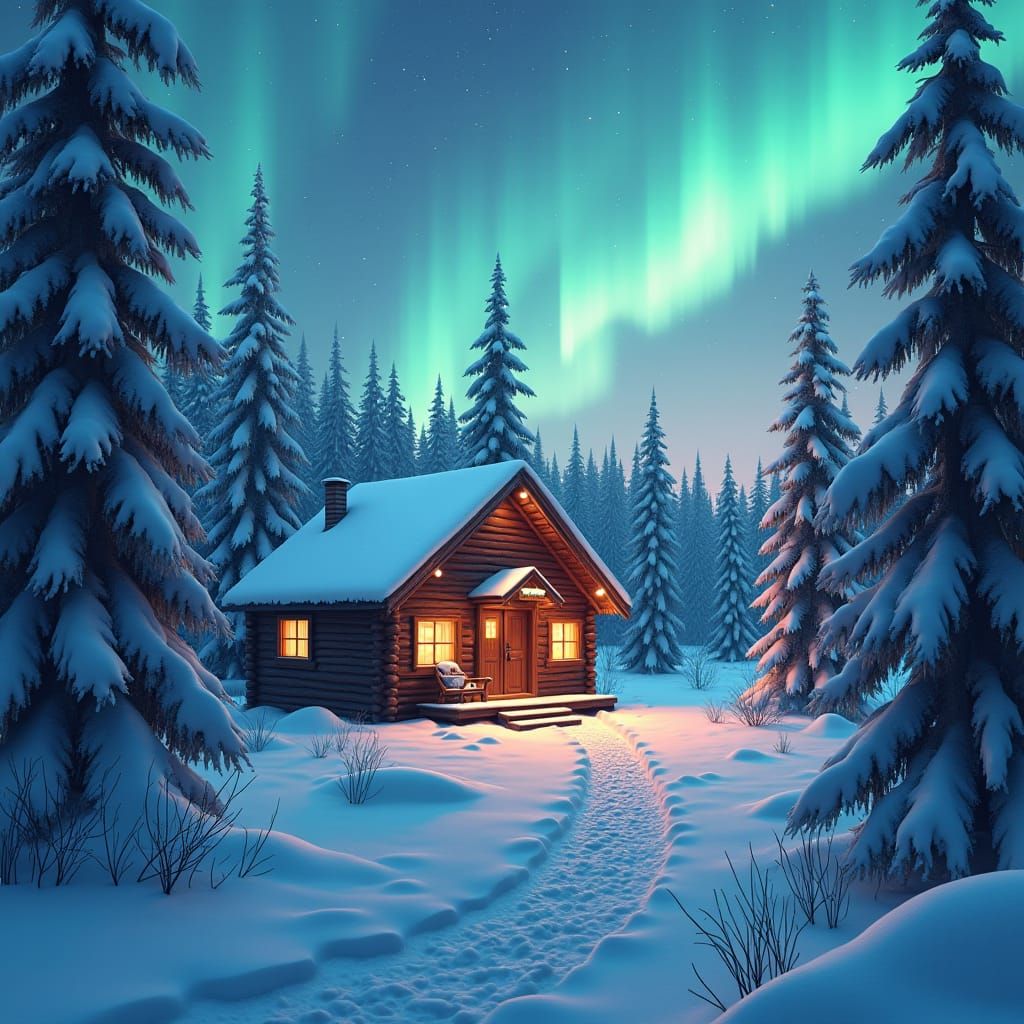 Winter Cabin Under Aurora Borealis, Matte Painting