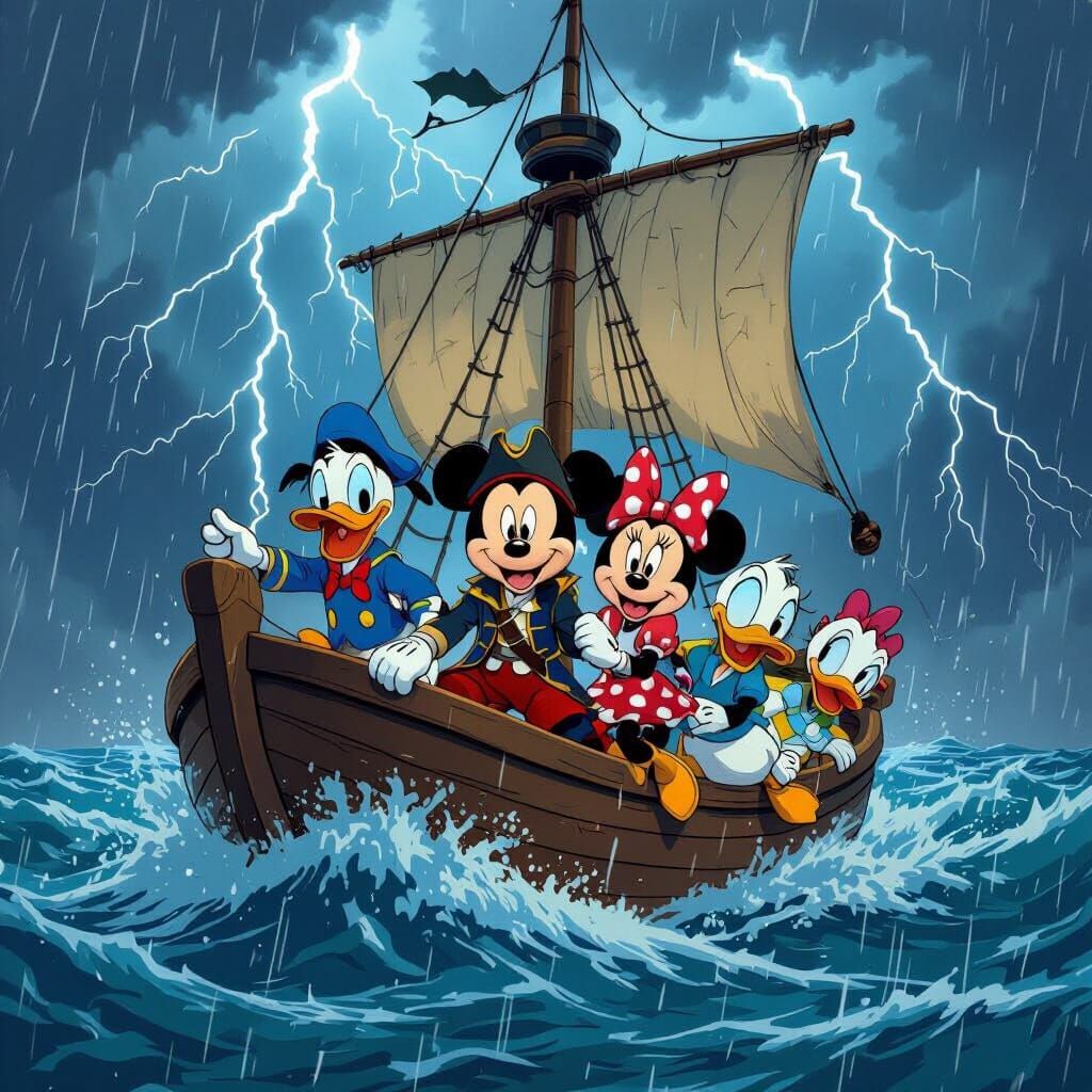 Cartoon Characters Sailing in Storm, Anime Style