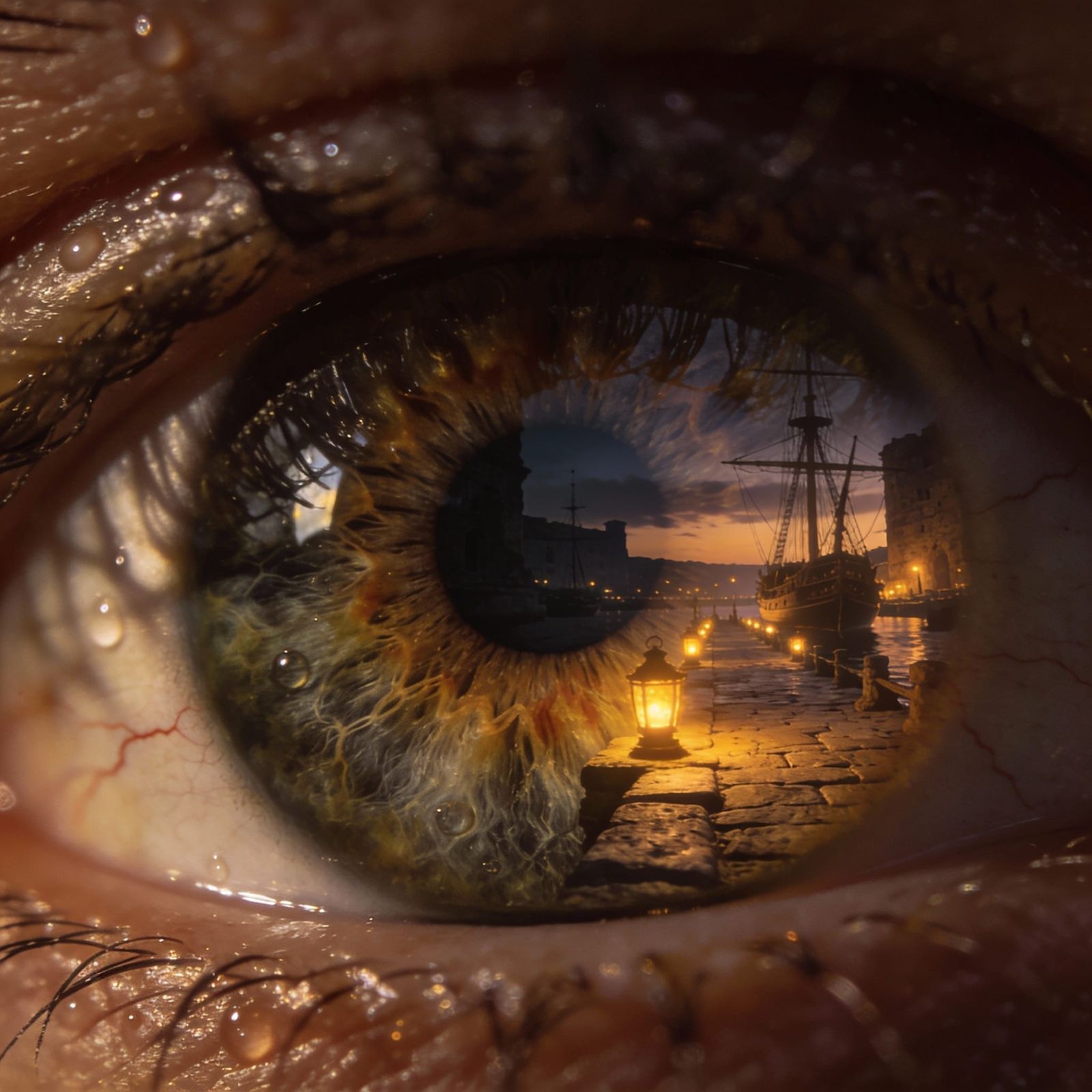 Macro Eye Reflection of Ancient Harbour at Night