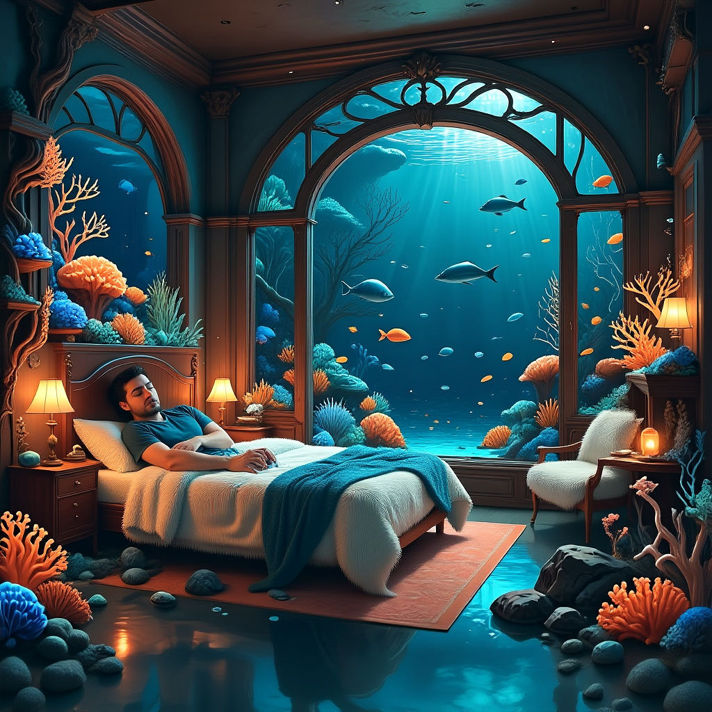 Underwater Bedroom with Coral Views in Copper and Blue
