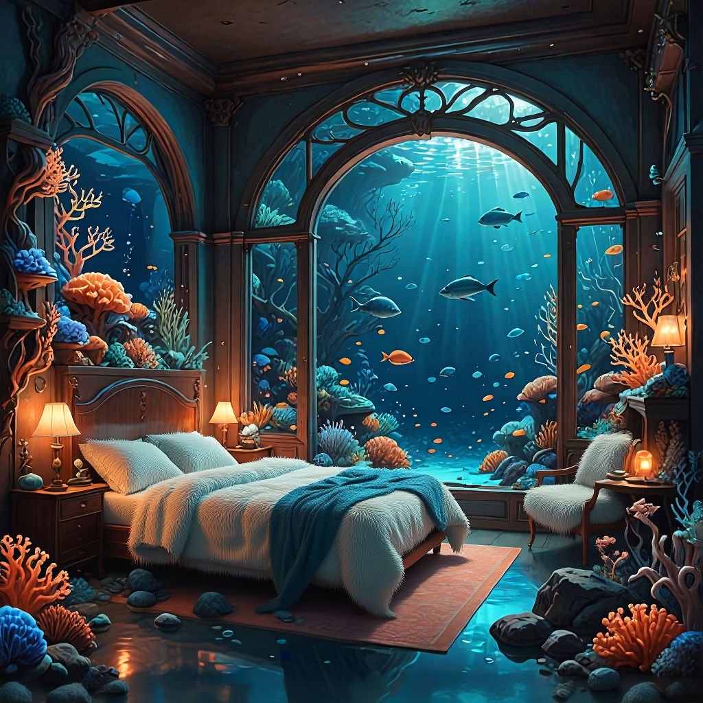 Underwater Bedroom with Coral Views in Copper and Blue