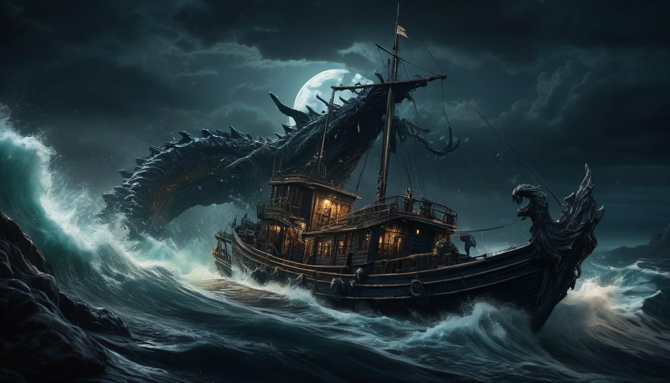 Sailor and Sea Monsters in Dark Fantasy Art