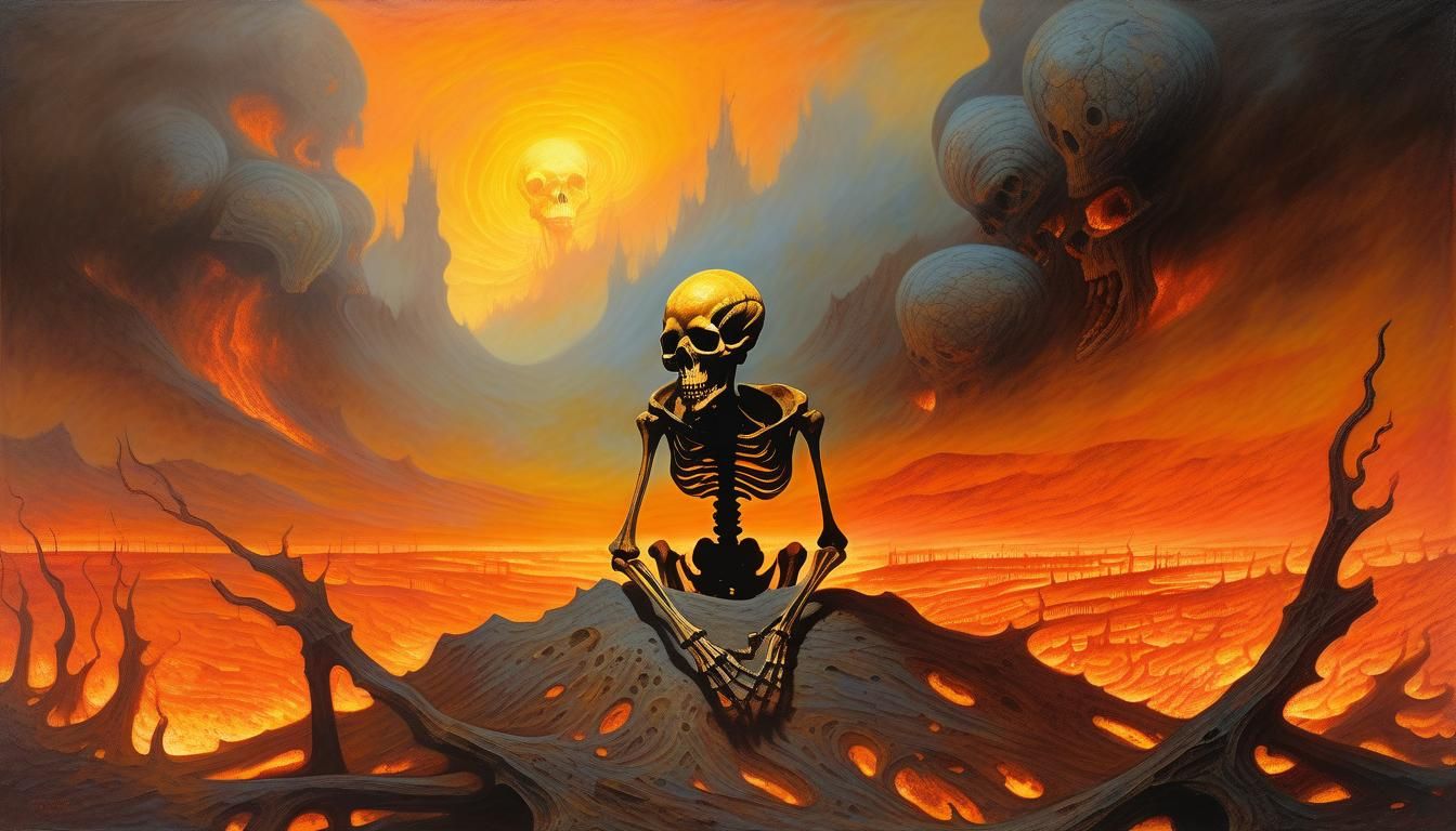 Alien Skull in Burning World: Beksiński-Style Oil Painting