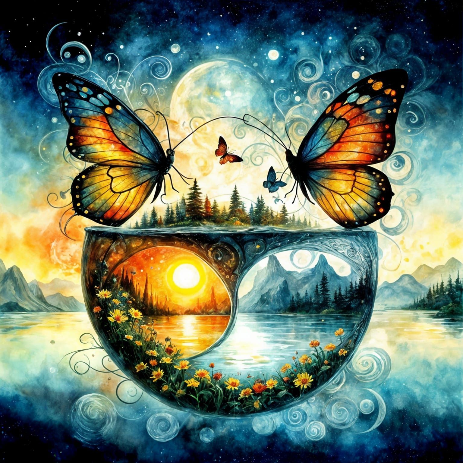 Surreal Yin Yang Maze Island with Butterflies