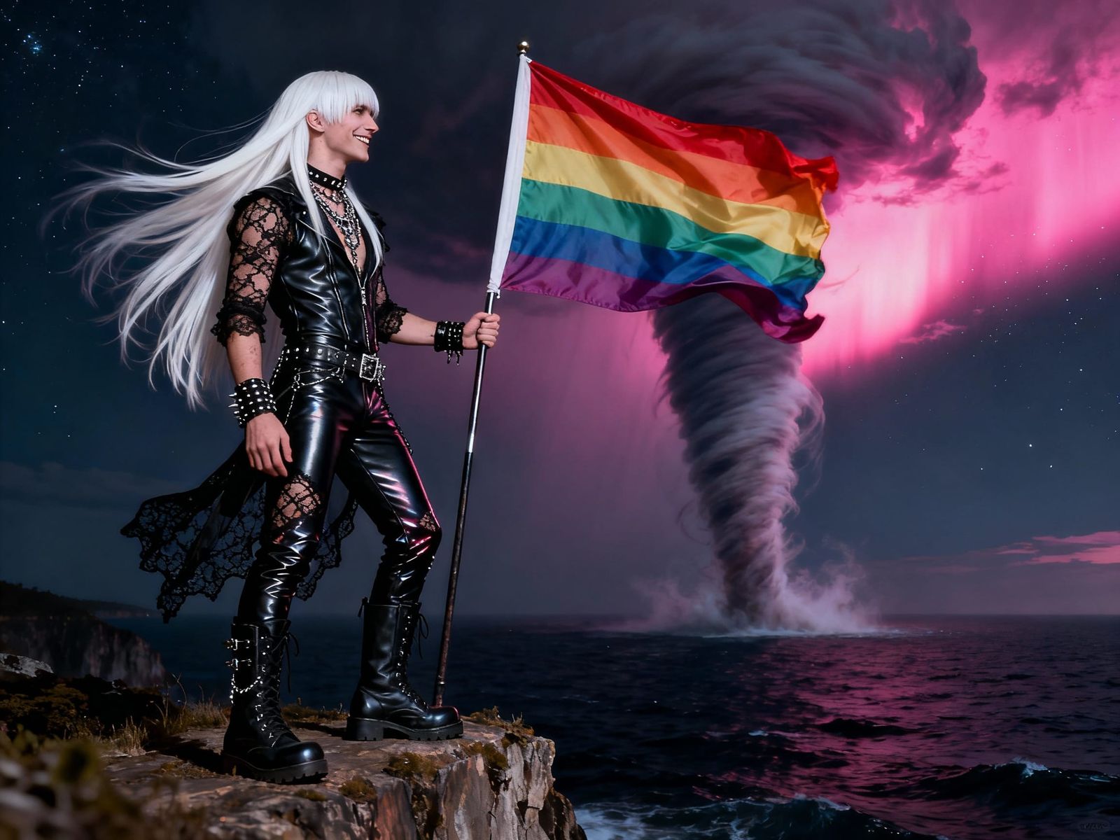 Goth Man with Pride Flag on Cliff Facing Tornado