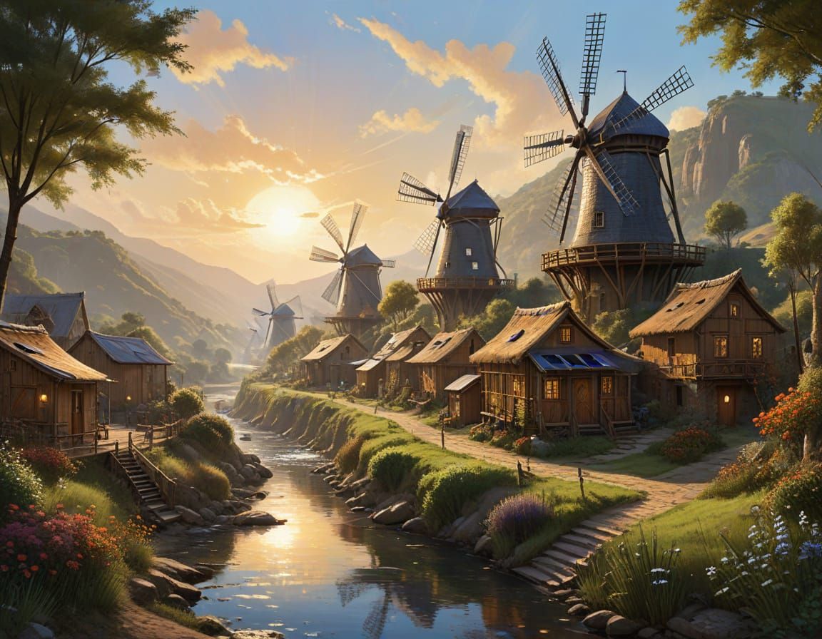 Surreal Solarpunk Village in Abstract Oil Painting Style