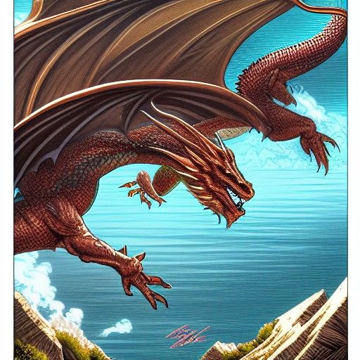 Dragon Soaring Over Lake in Comic Book Style